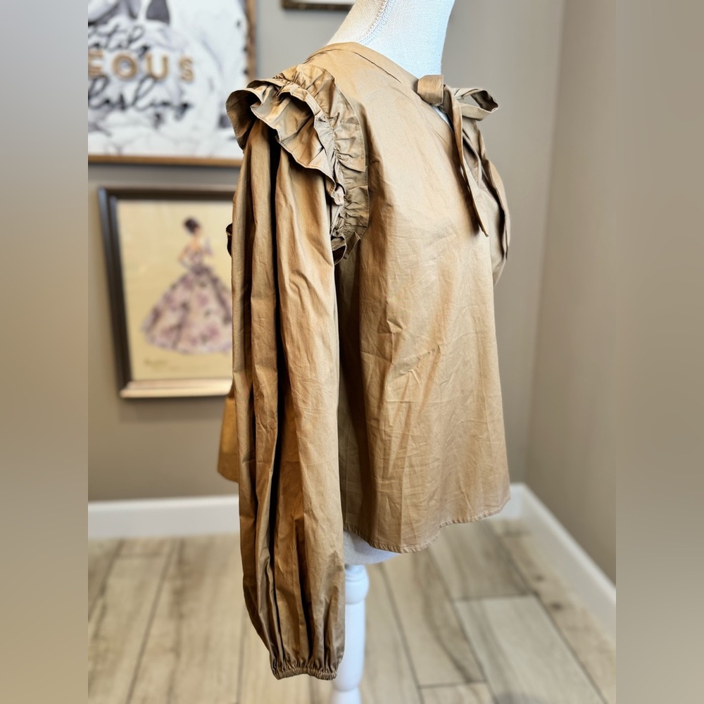 NWT! JODIFL Camel Tan Ruffle and Bow Blouse - Picture 4 of 8